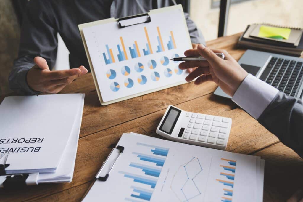 Business Consulting meeting working and brainstorming, report, calculating. Home finances, economy n